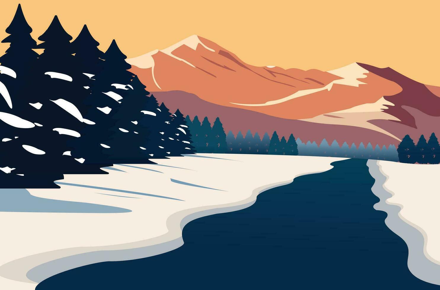 Snowy Watercolor winter scenery landscape of Mountains and branches of trees vector