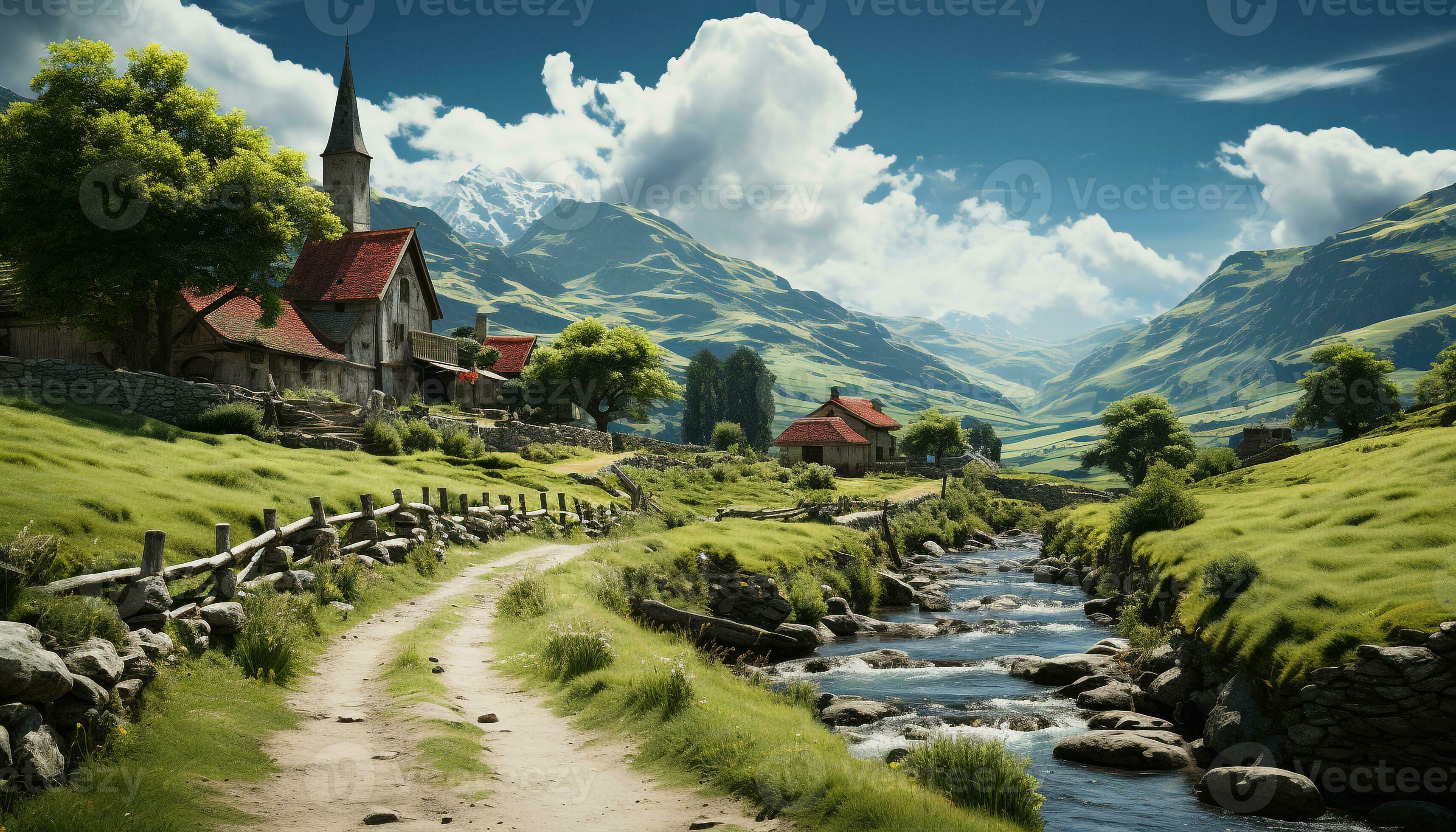 Idyllic meadow green mountains clear water Christian cottage