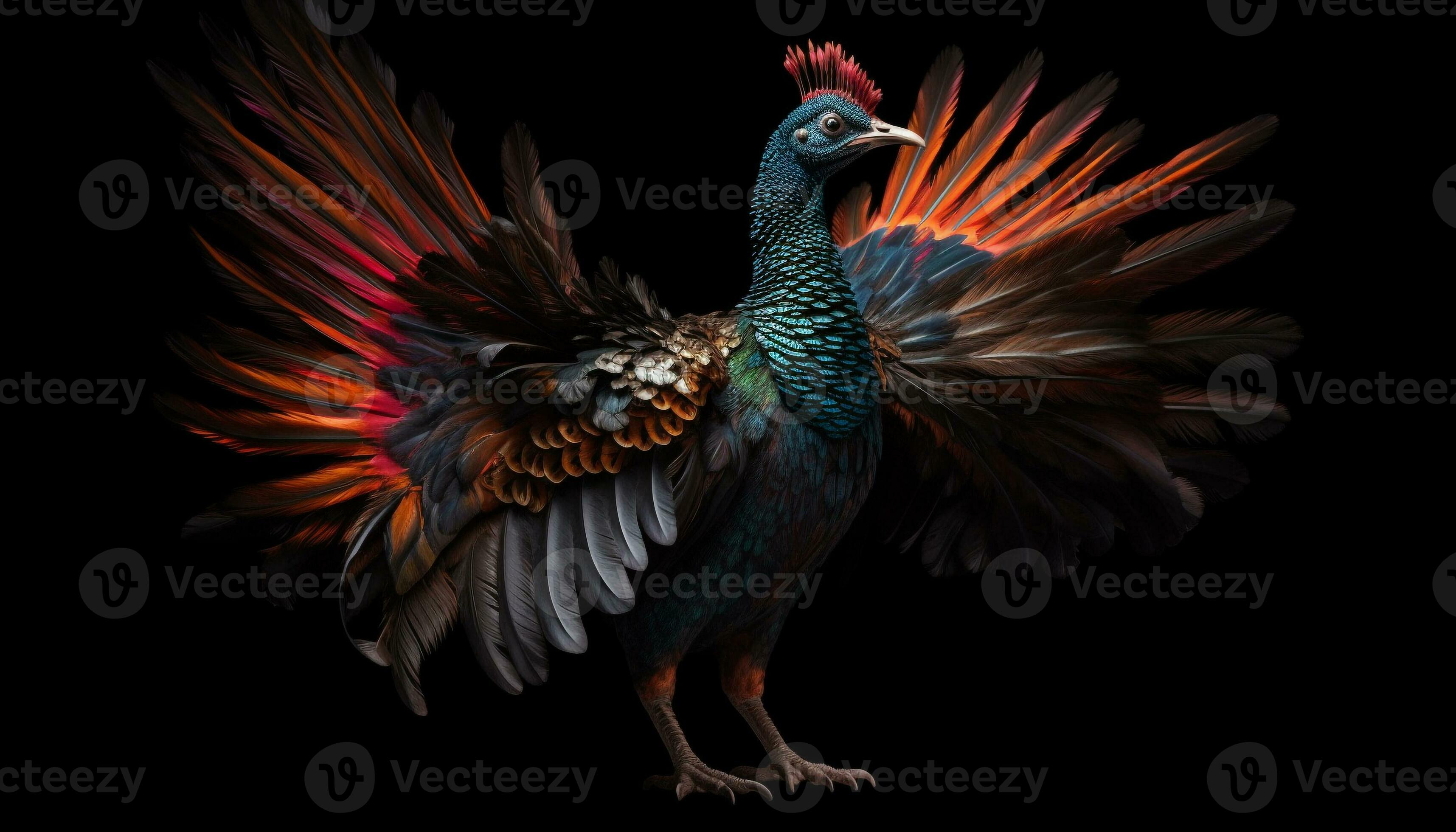 Majestic rooster with multi colored feathers flying against black