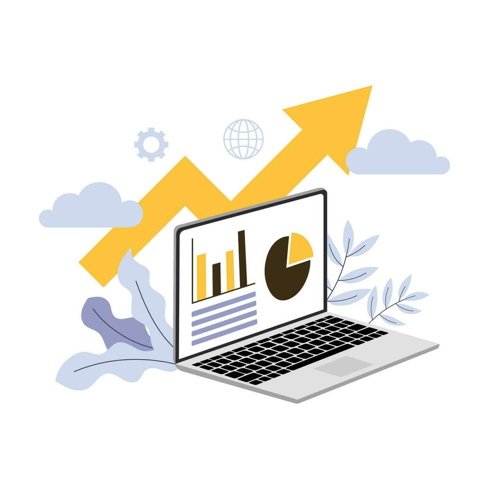 data analyst work job illustration with graph and laptop flat design vector