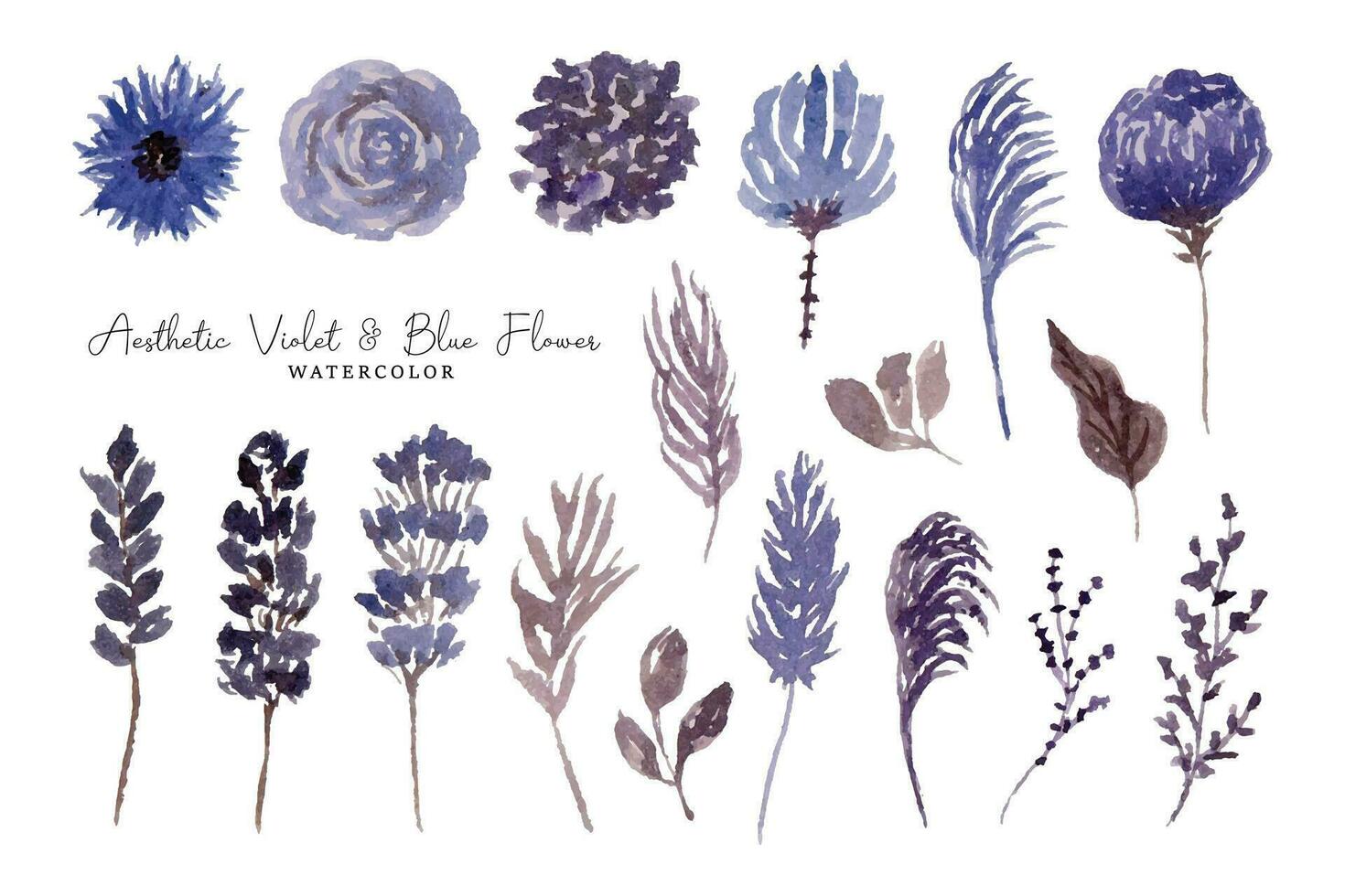 Aesthetic Blue Dried Flower Watercolor Collection vector
