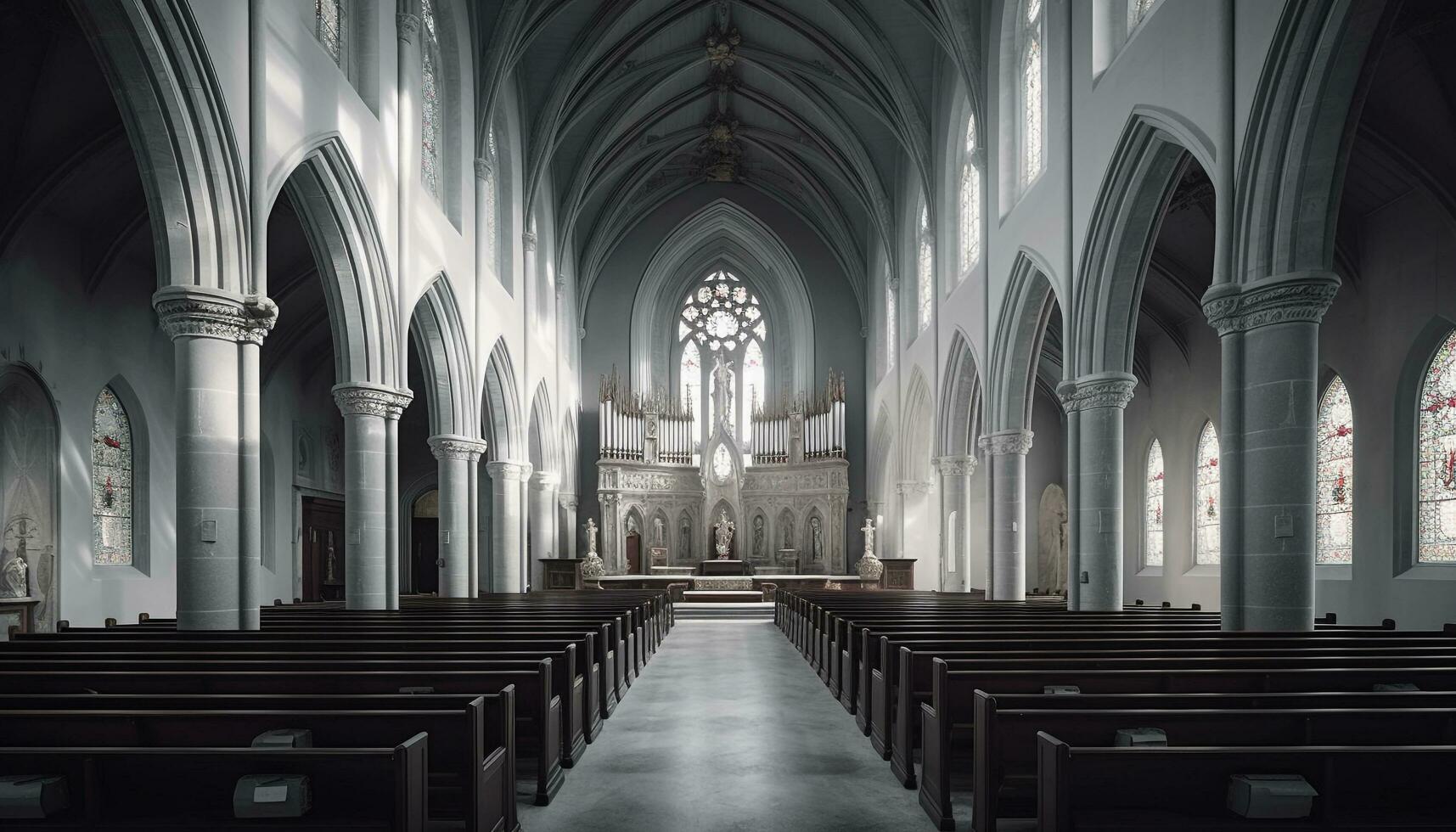 Medieval cathedral with Gothic architecture, stained glass, and