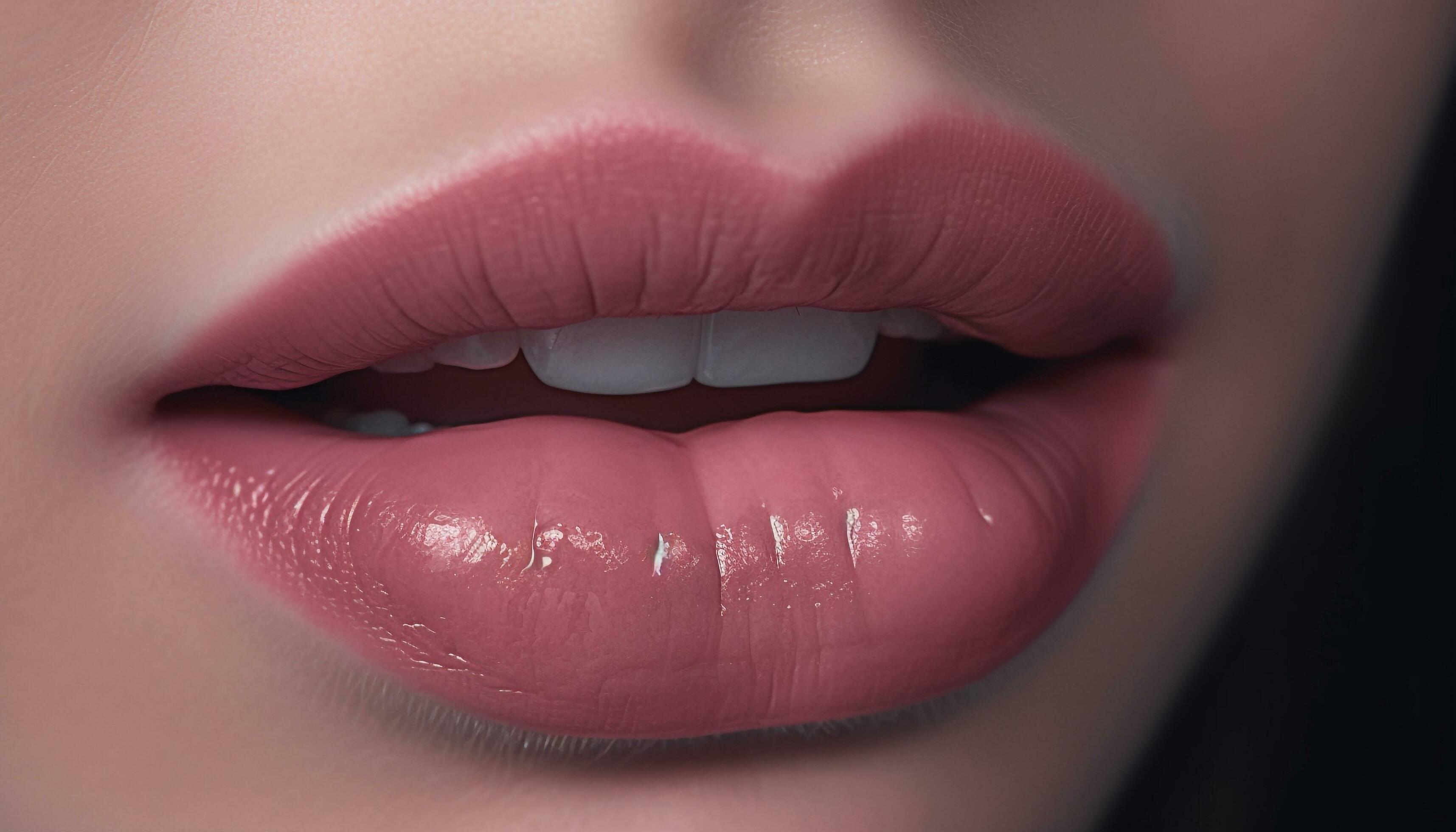 Smiling beauty with shiny pink lips exudes sensuality and elegance