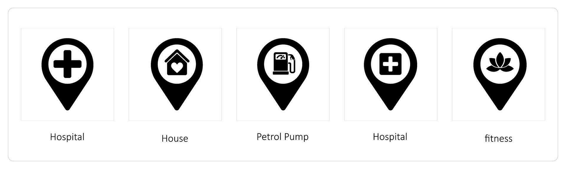 Hospital, House, Petrol Pump vector