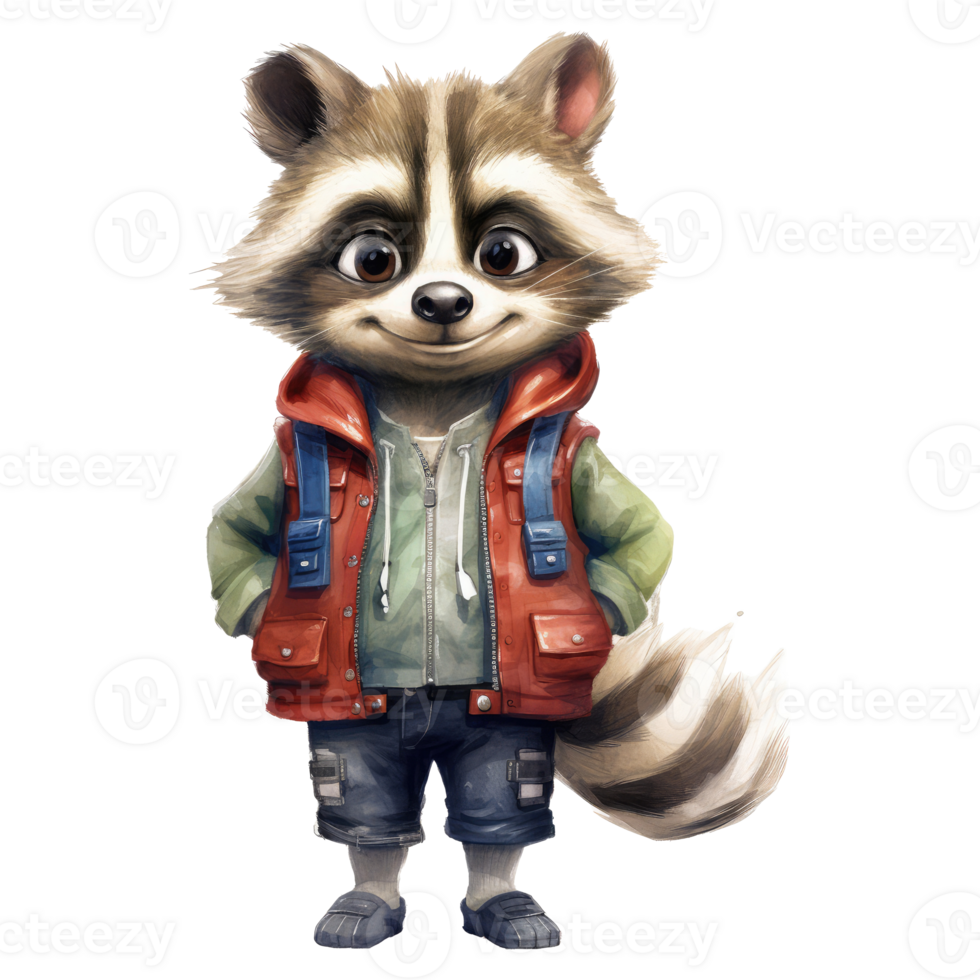 watercolour racoon dressed in clothes . png