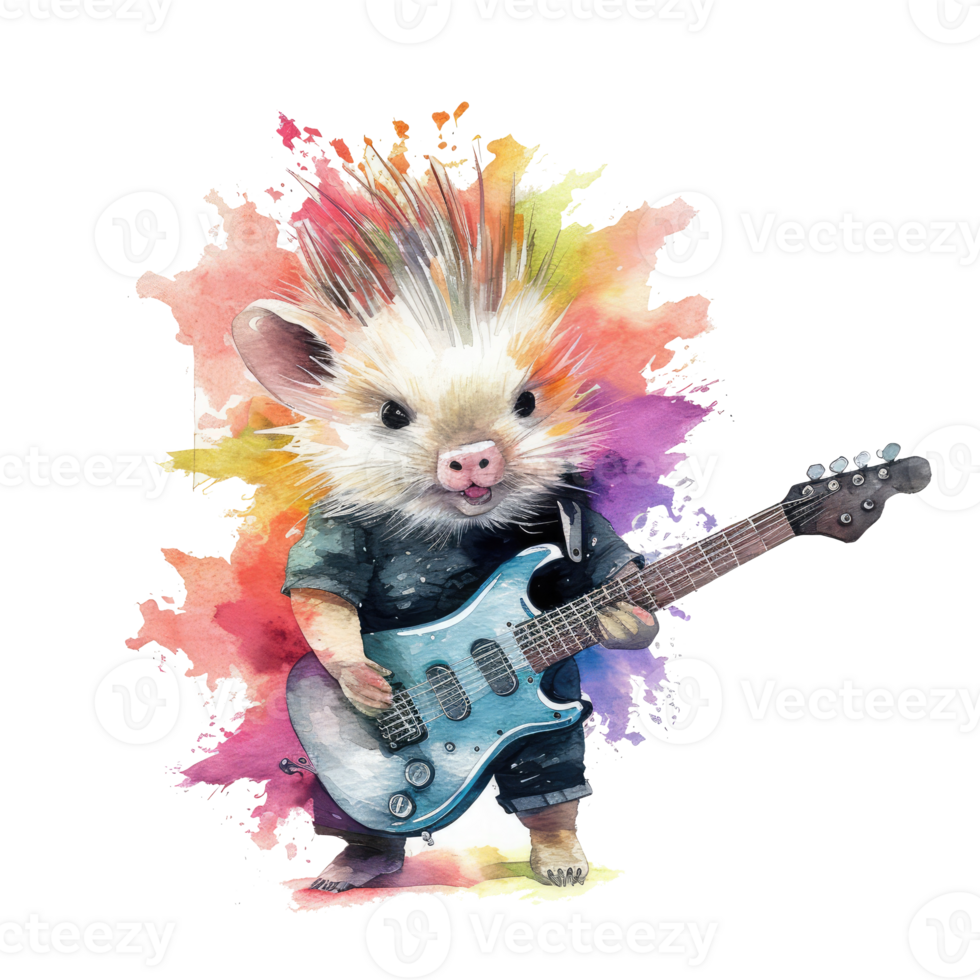 vattenfärg hamster Rockstjärna spelar gitarr . ai genererad png