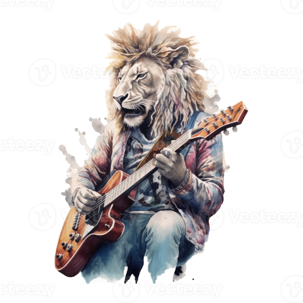 aquarelle Lion rock star en jouant guitare . ai généré png