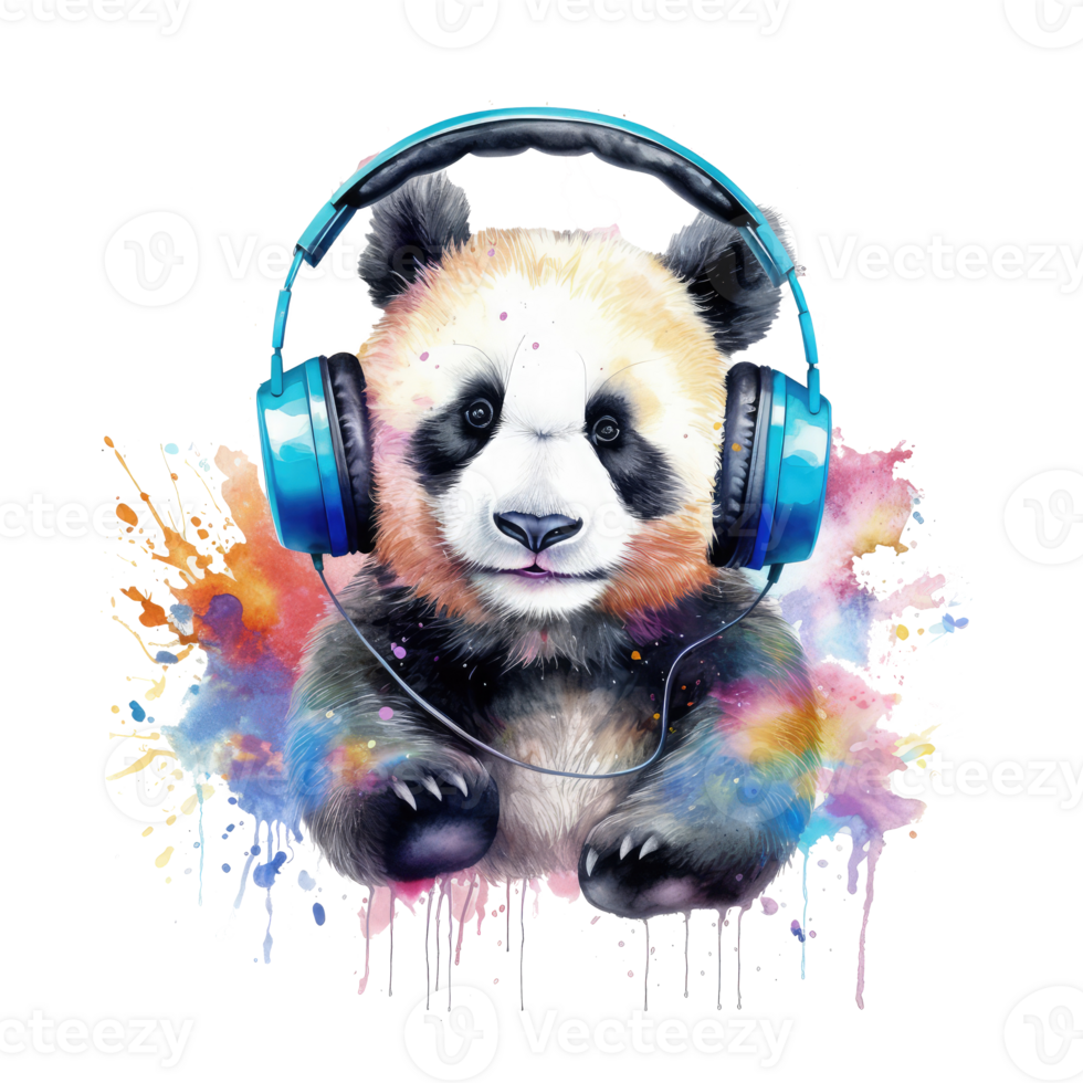 watercolor panda wearing headphones . AI Generated png