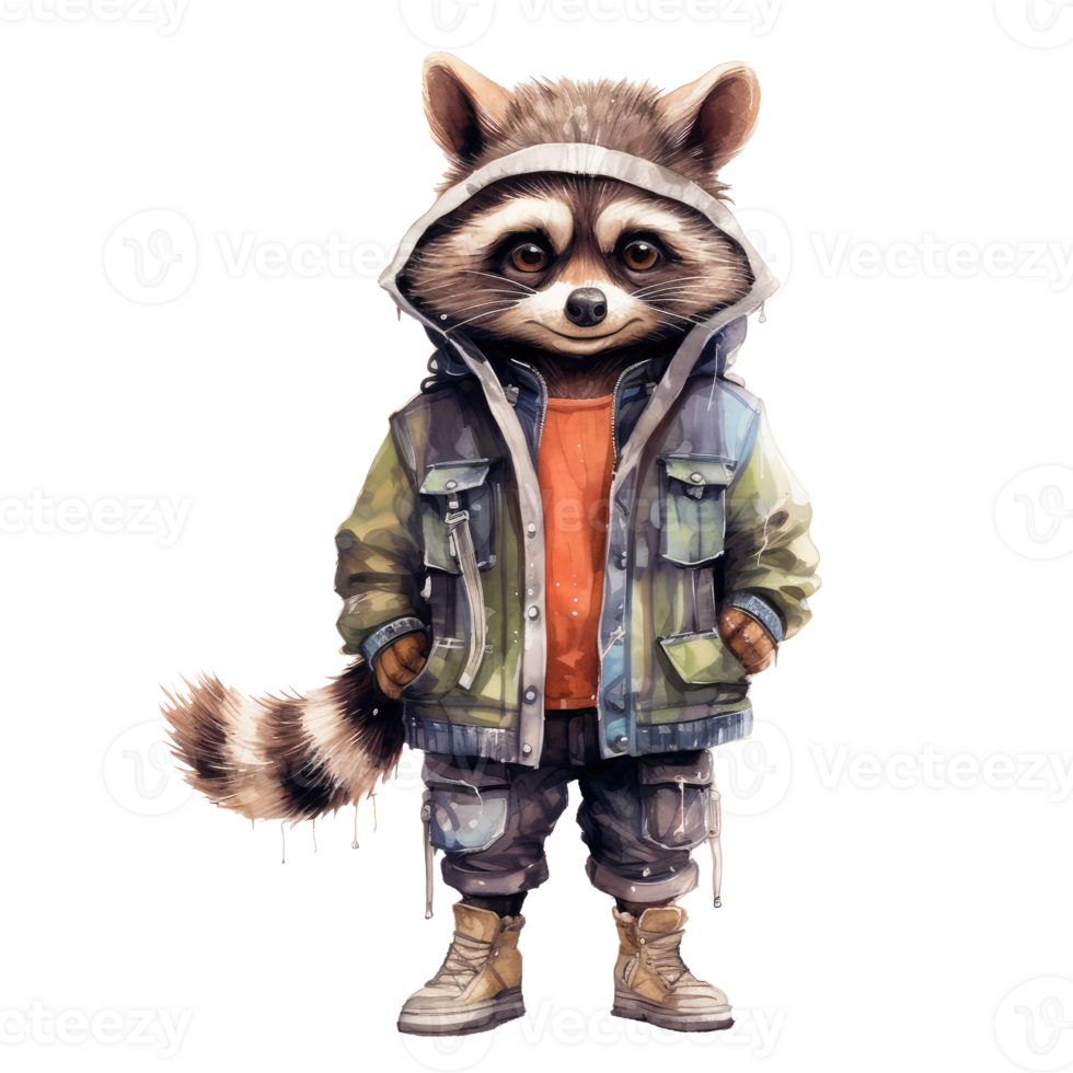 watercolour racoon dressed in clothes . png