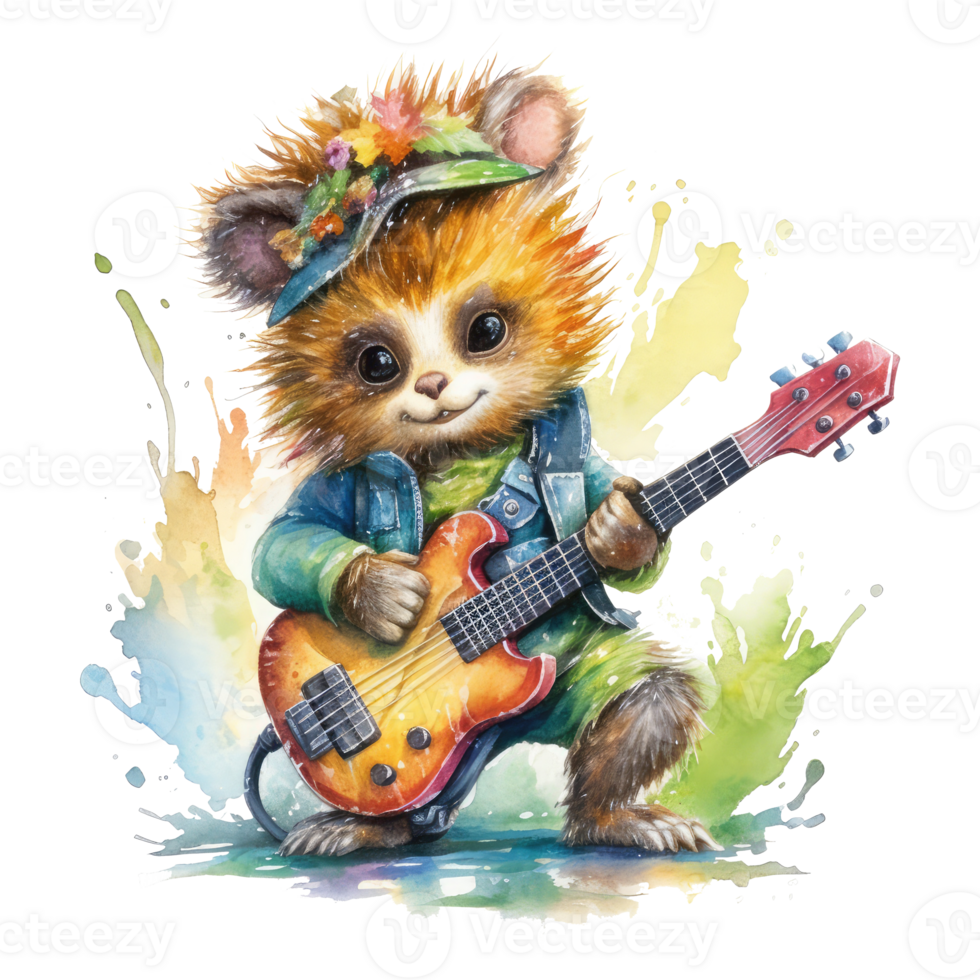 acuarela selva animal estrella de rock jugando guitarra . ai generado png