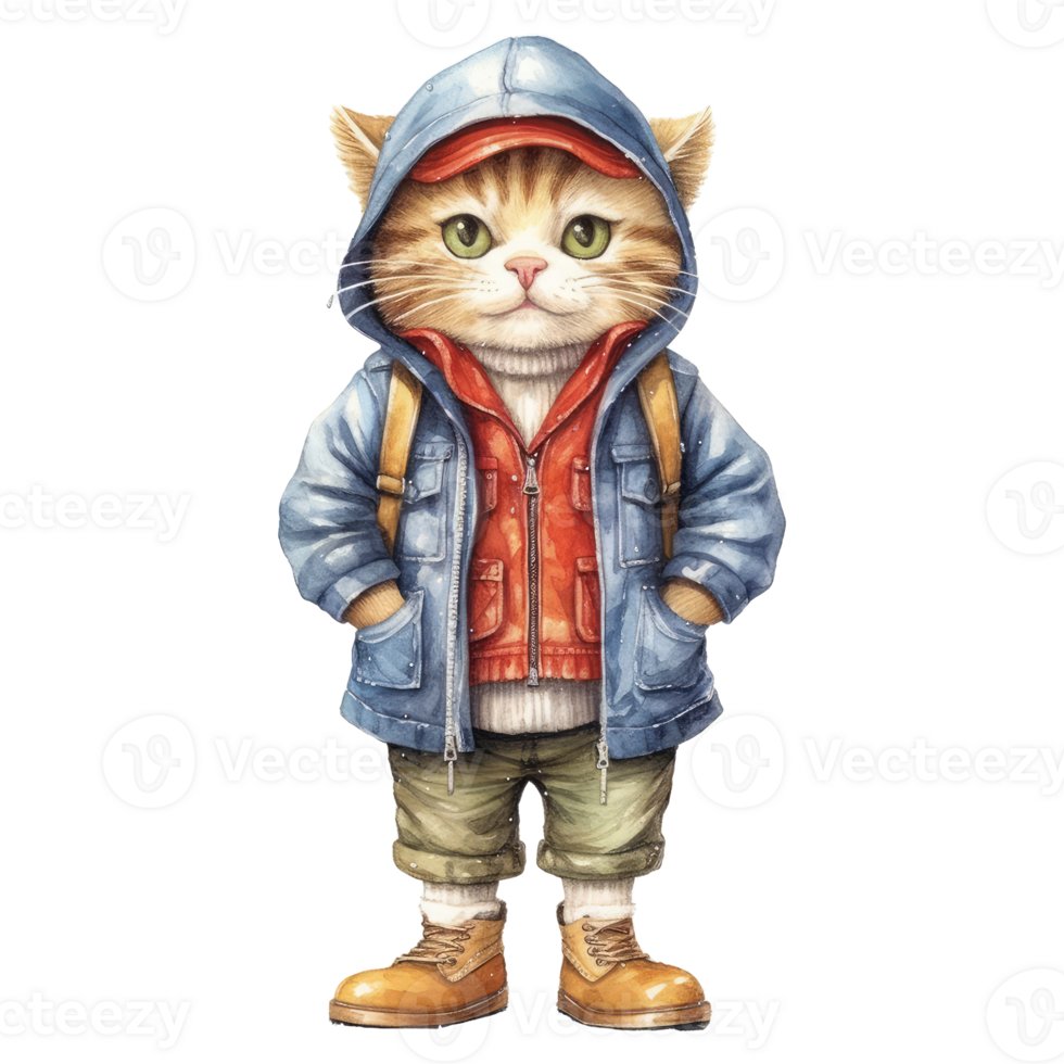 watercolour cat dressed in clothes . png
