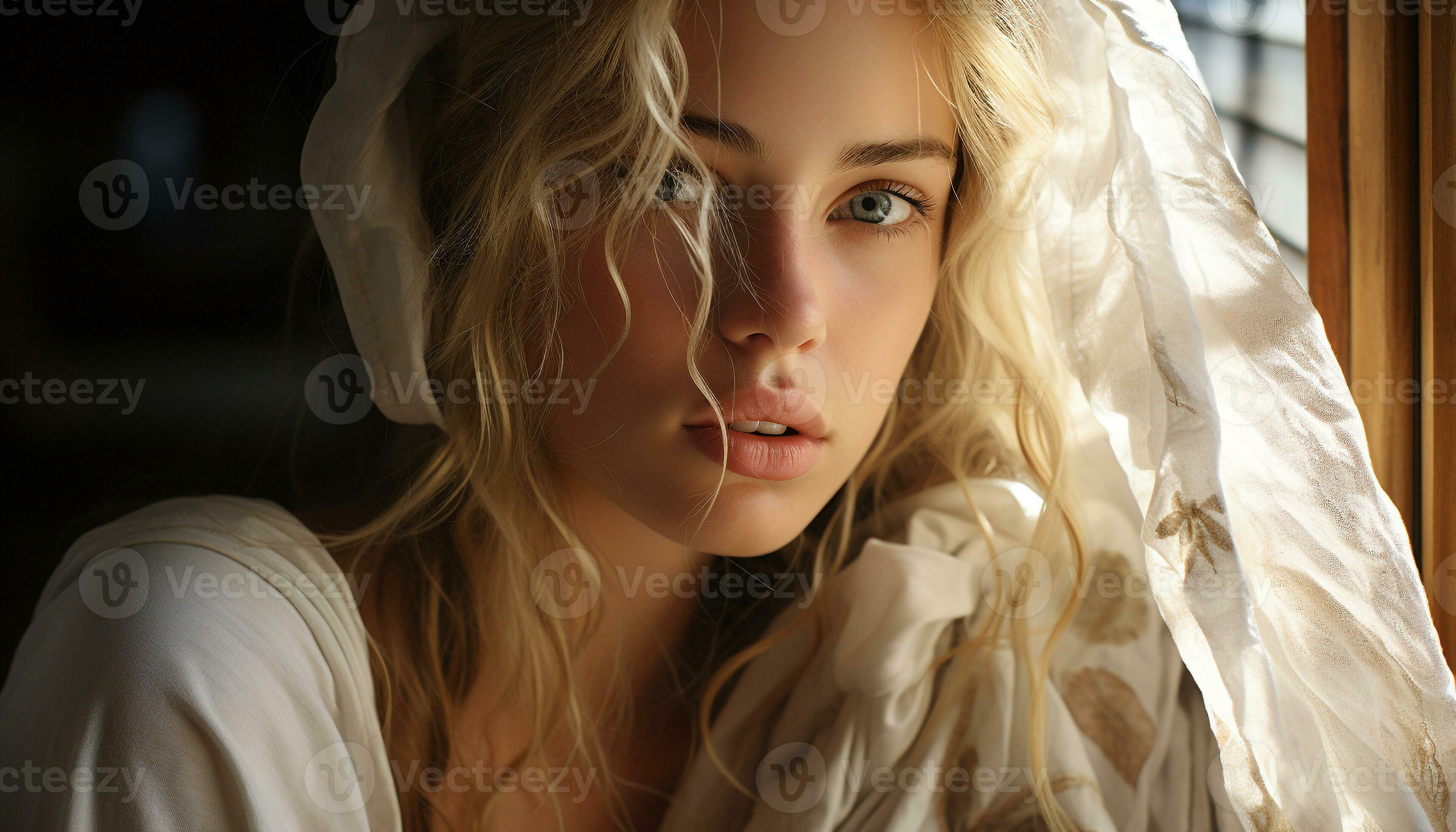 Beautiful young woman with blonde hair looking at camera indoors