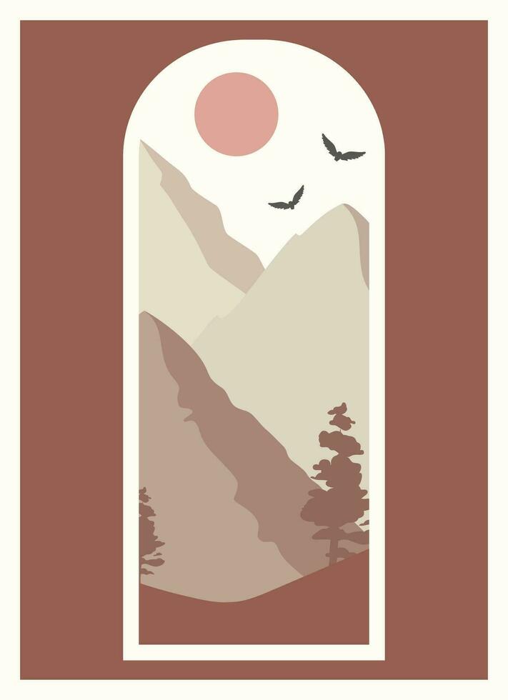 Morning mountains and pine trees view art poster vector