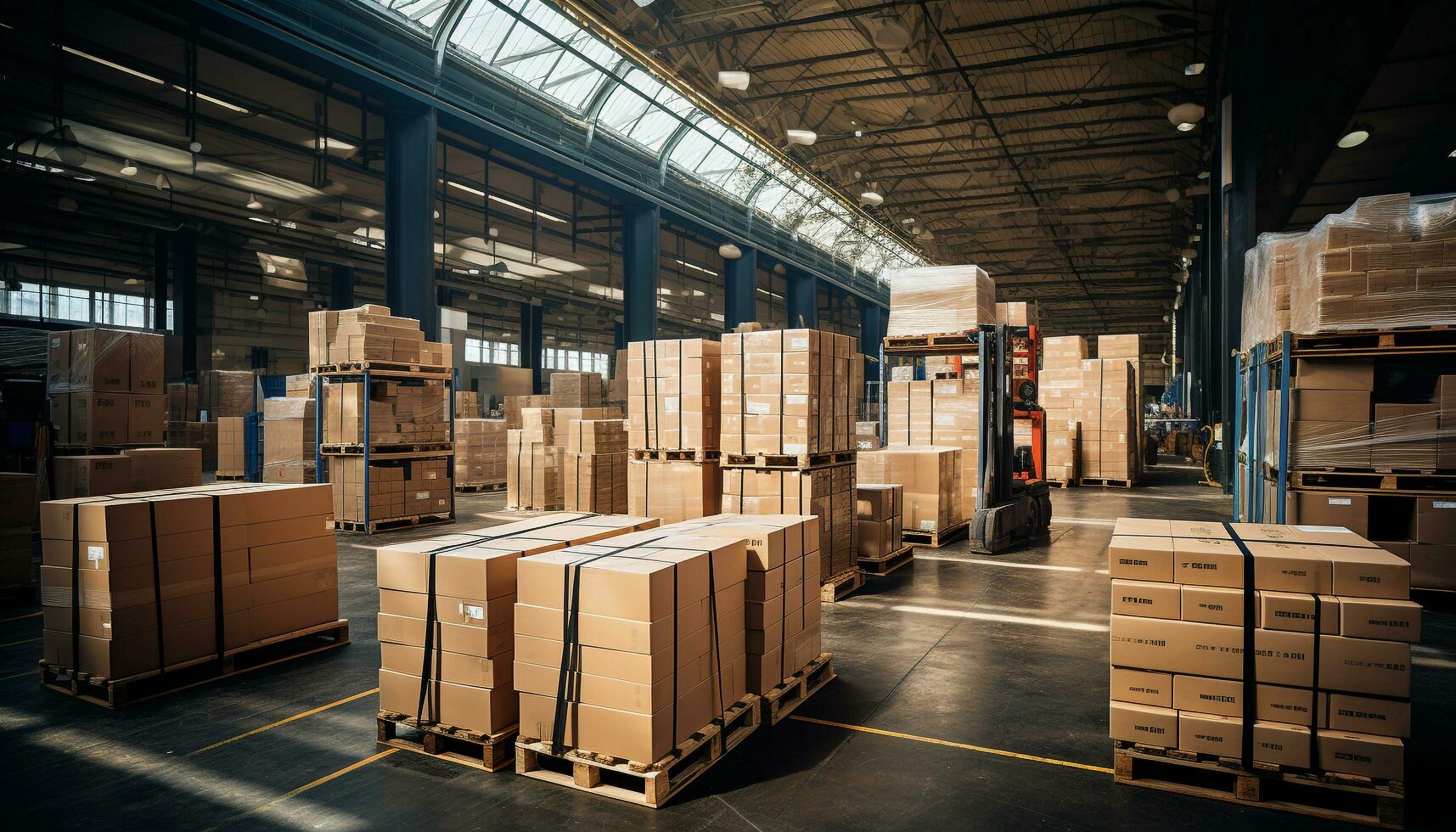 Large group of crates stacked in a warehouse for distribution generated