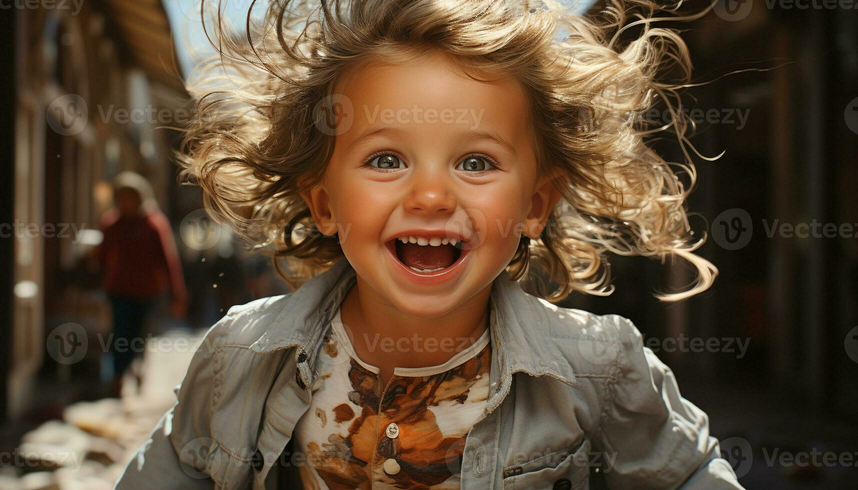 sonriente, alegre caucásico chica, Rizado cabello, juguetón, disfrutando naturaleza belleza generado por ai foto