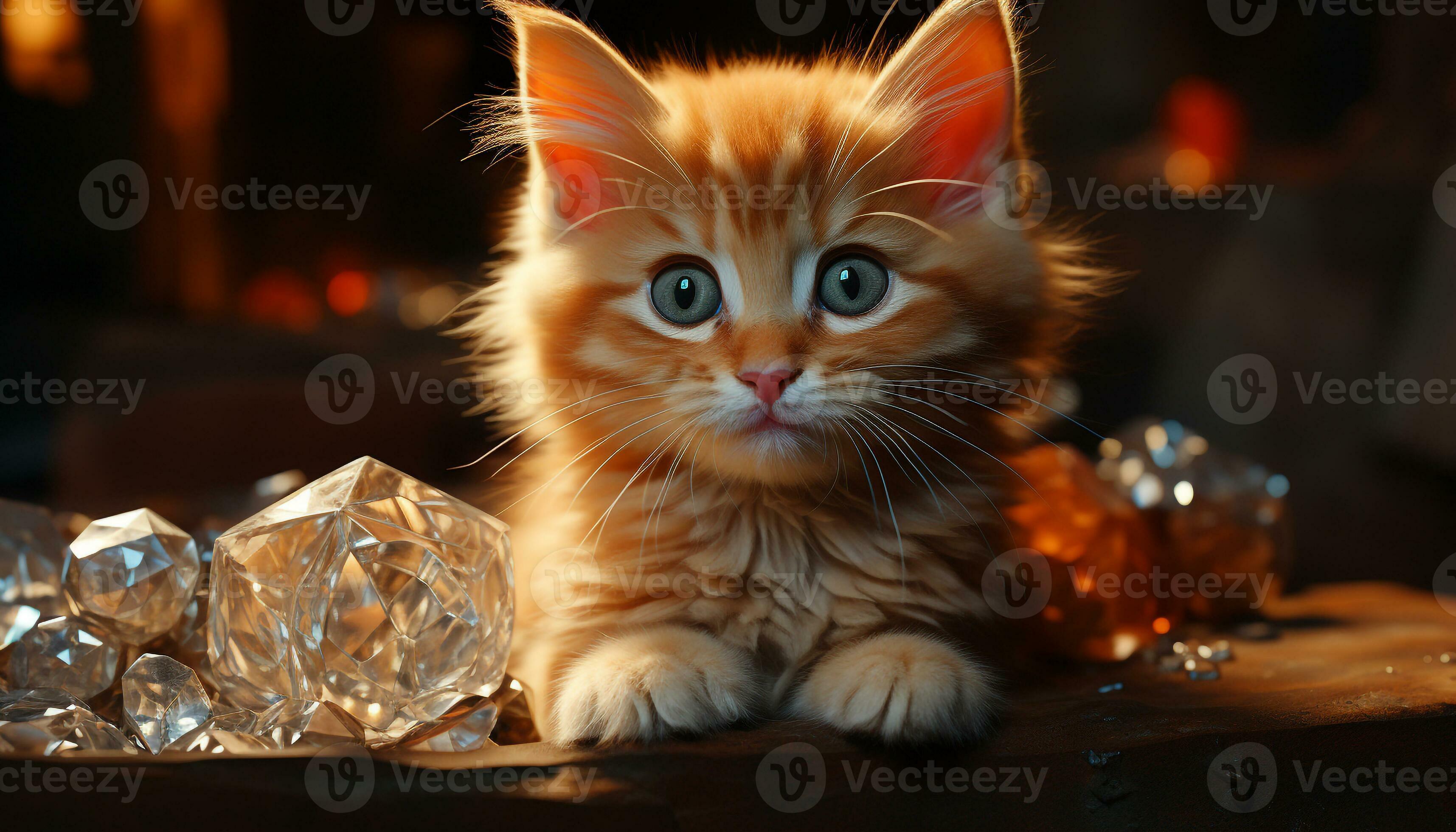 Cute kitten sitting, looking at camera, playful, fluffy, shiny fur