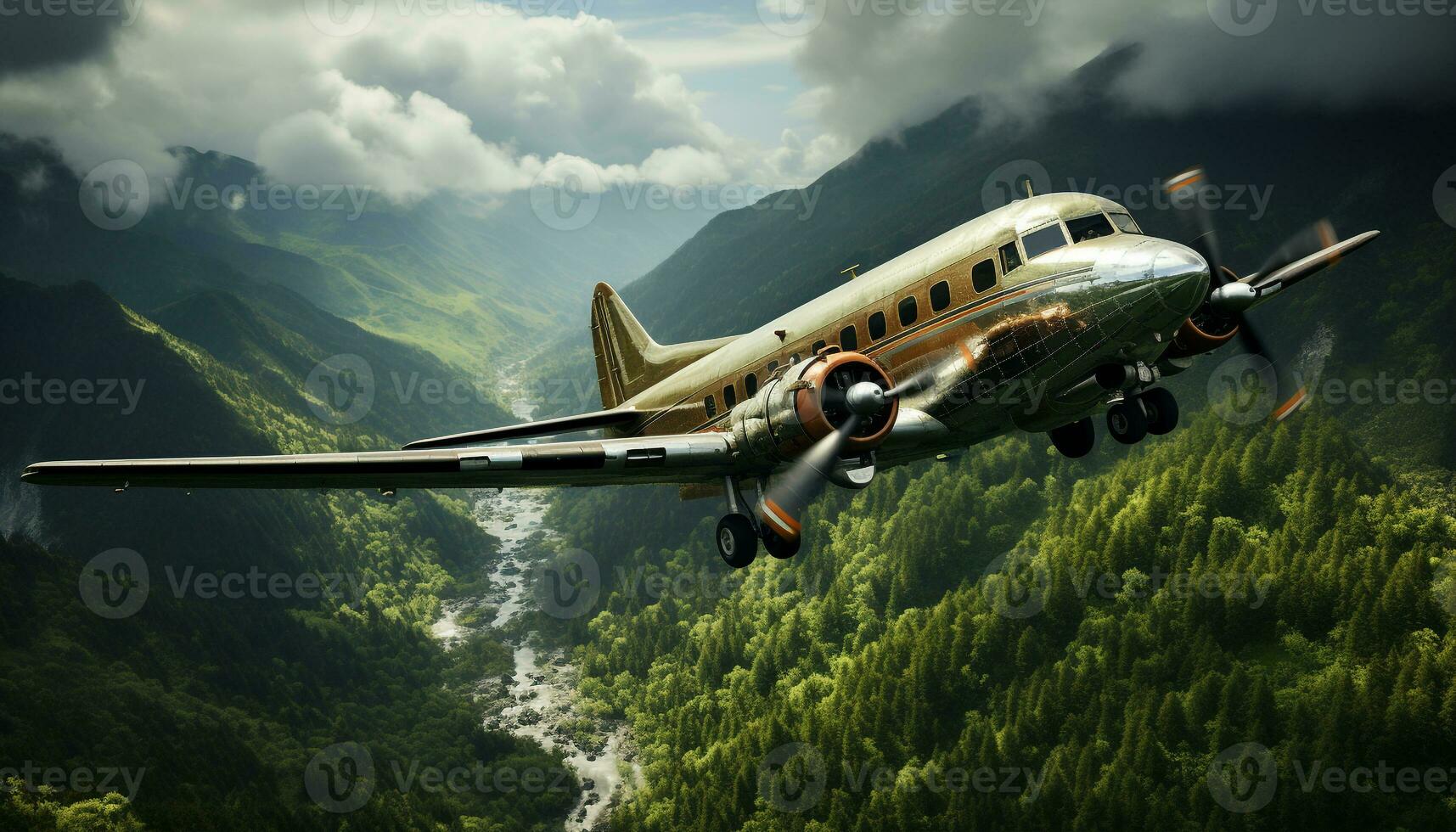 Flying airplane in mid air, propeller spinning, taking off to travel