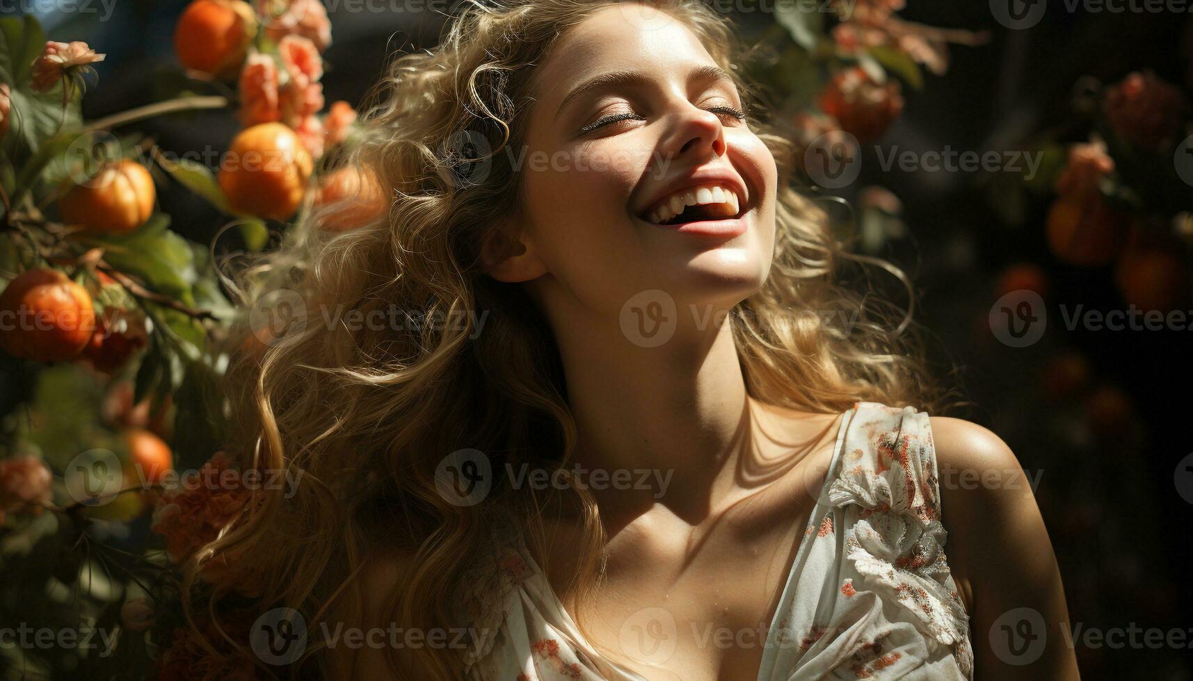 hermosa joven mujer disfrutando naturaleza alegre verano celebracion, despreocupado y relajado generado por ai foto