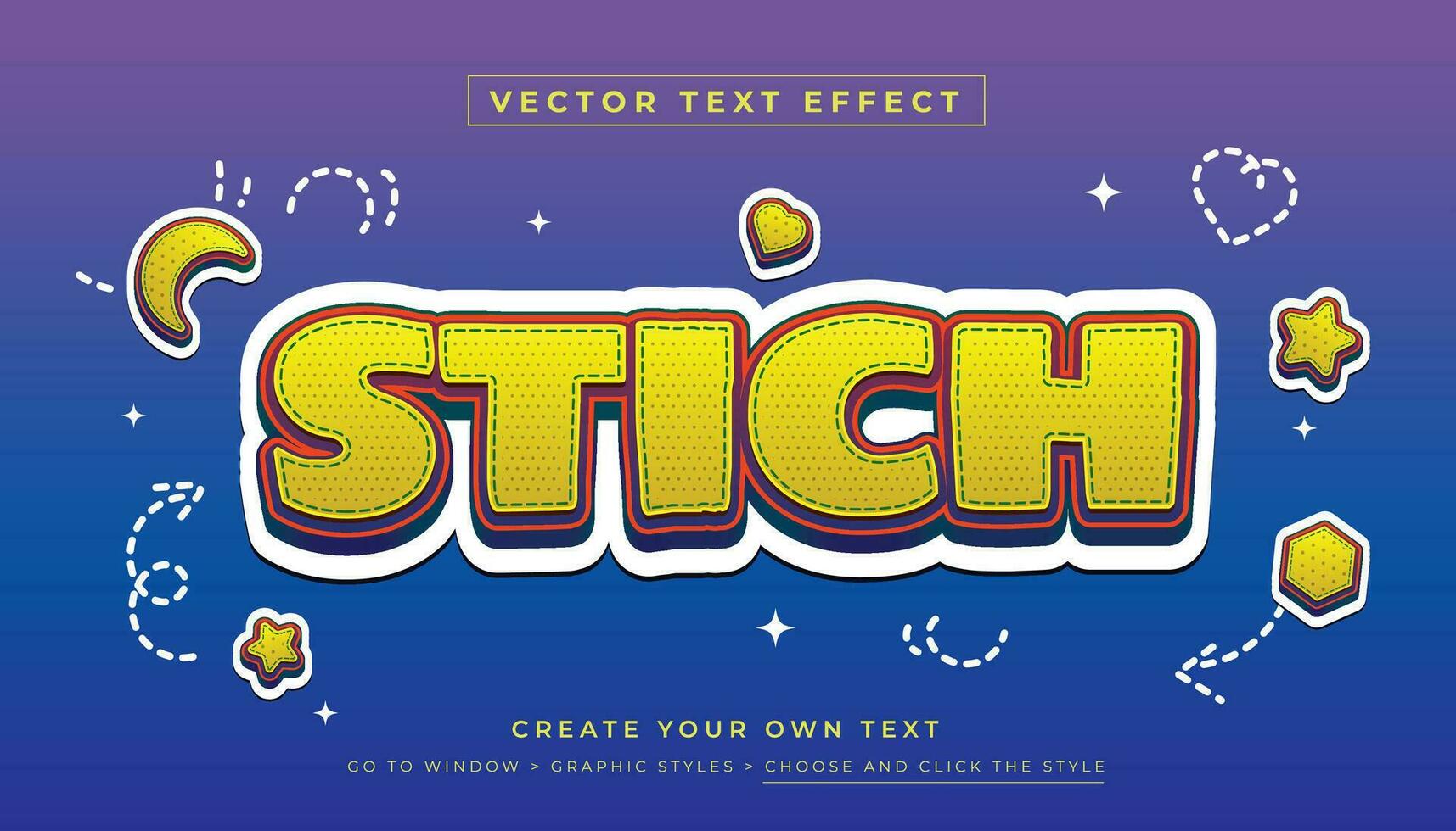 Vector Editable 3D stitch text effect. Yellow fun stich graphic style on abstract blue background