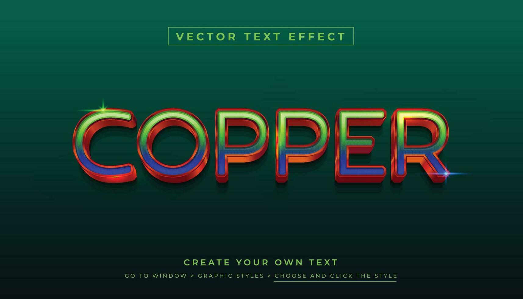 Editable vector 3D shiny copper text effect. Copper green blue graphic style