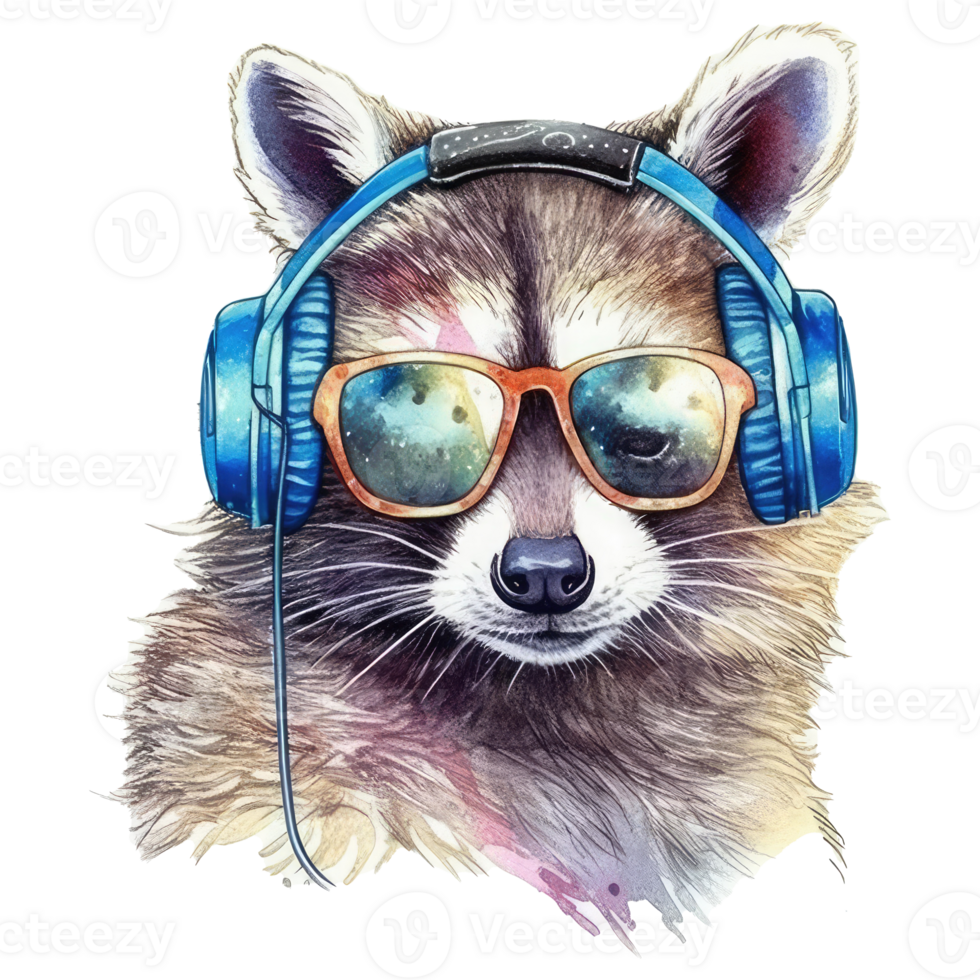 watercolor raccoon in sunglasses and wearing headphones . AI Generated png