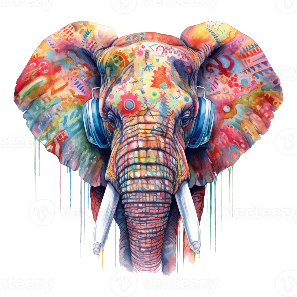 watercolor elephant wearing headphones . AI Generated png