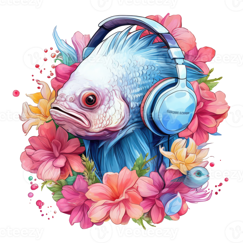 watercolor fish wearing headphones . AI Generated png