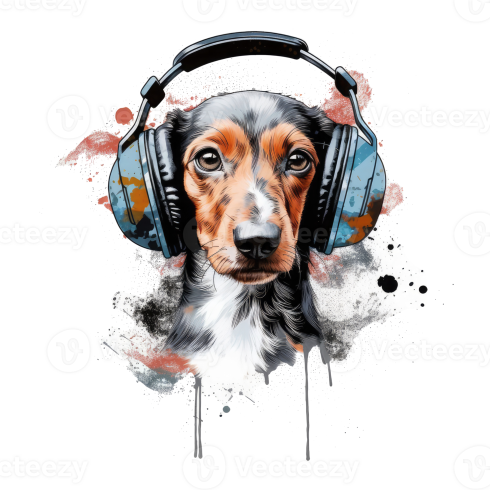 watercolor dachshund dog wearing headphones . AI Generated png