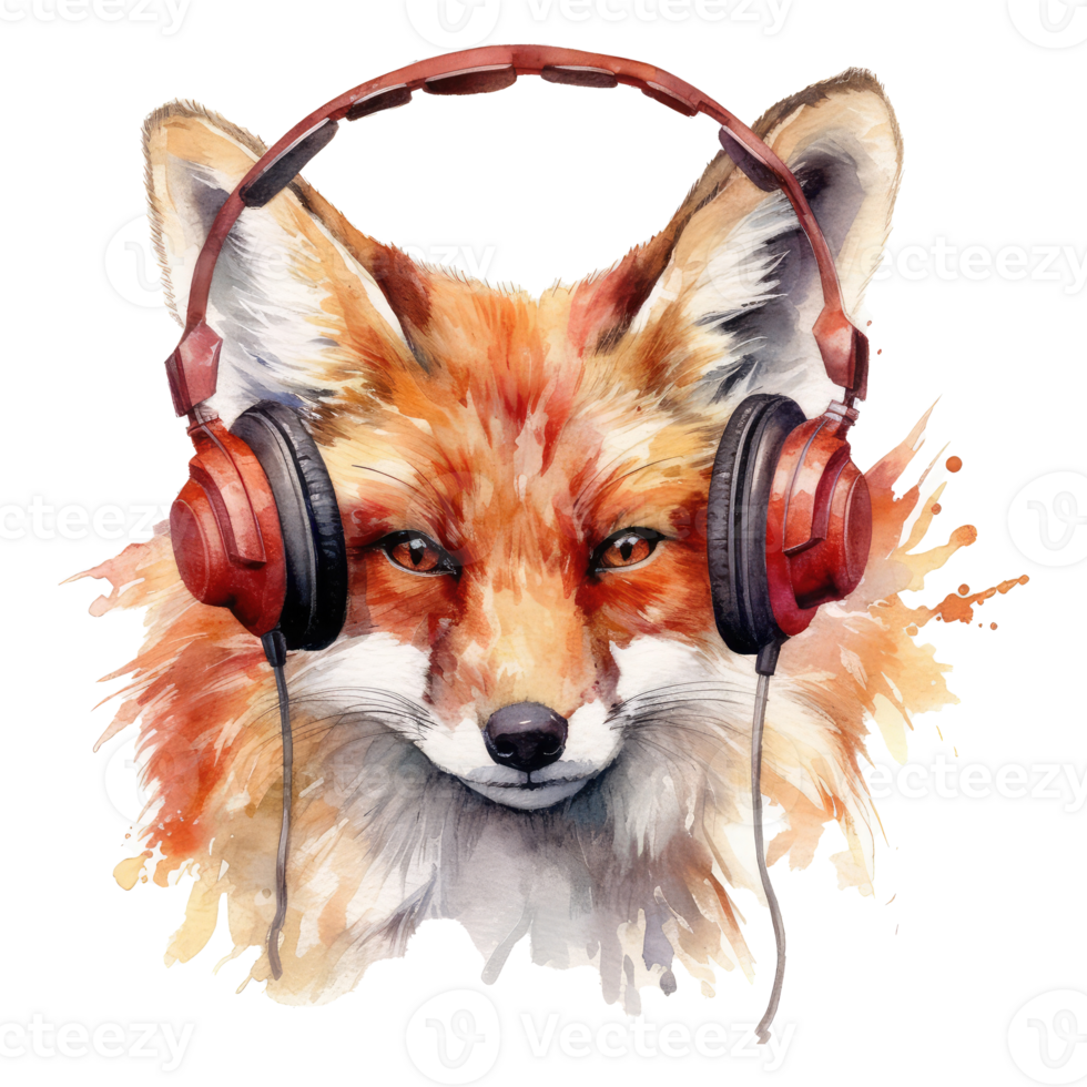 watercolor fox wearing headphones . AI Generated png