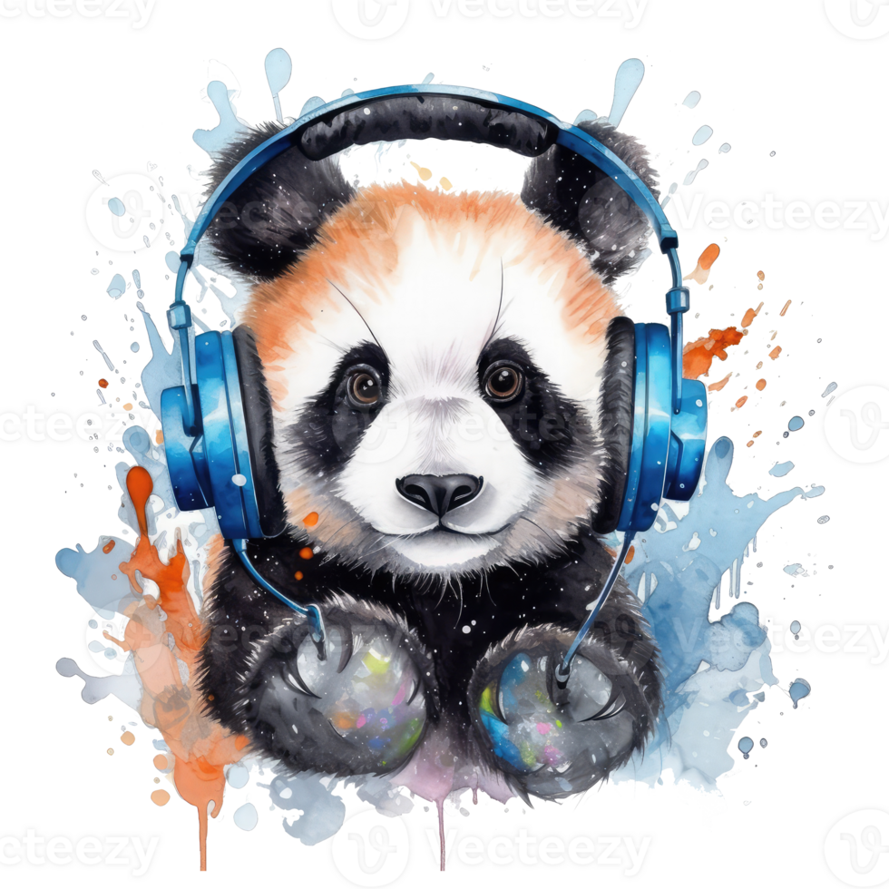 watercolor little panda big eyes wearing headphones . AI Generated ...