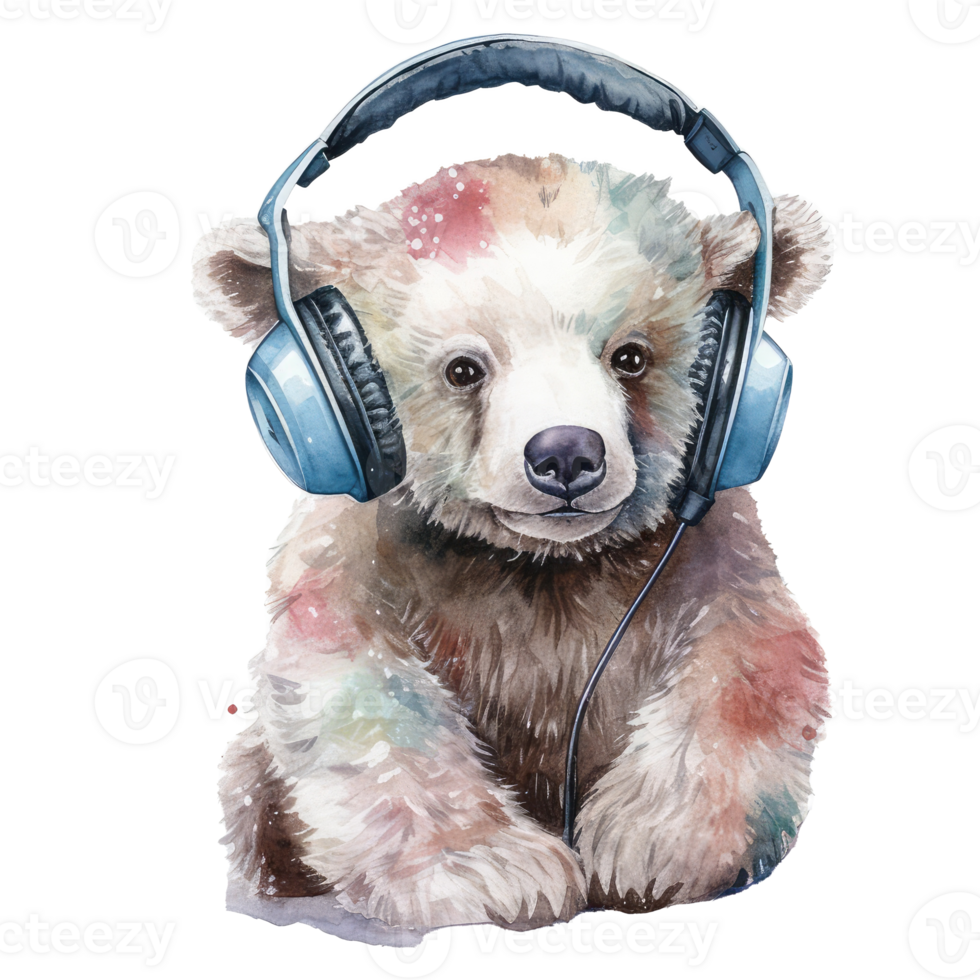 watercolor bear wearing headphones . AI Generated png