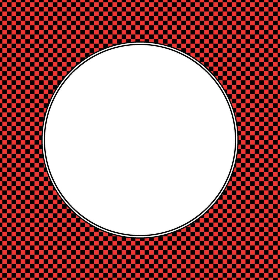 Black and red checkered pattern with white circle in center. Checkerboard circular frame. Round alternating squares border. Vector illustration.