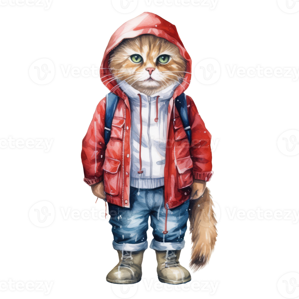 watercolour cat dressed in clothes . png