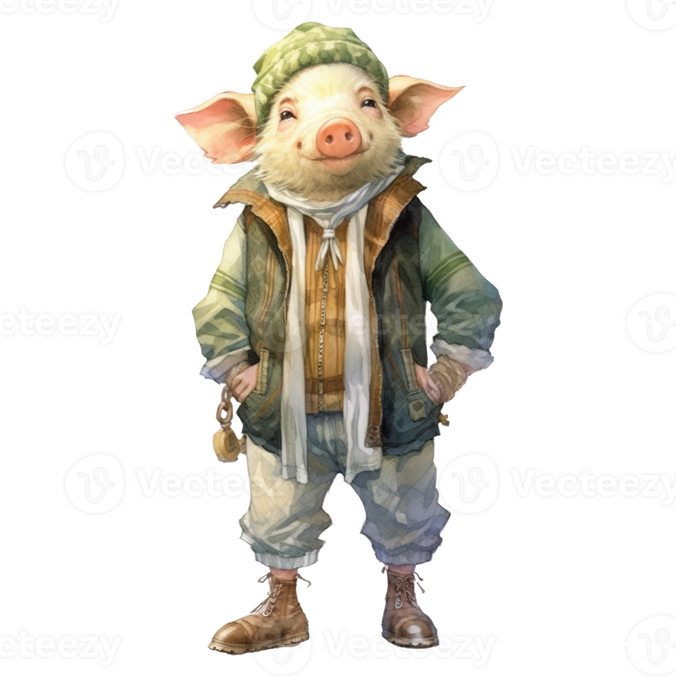 watercolour pig dressed in clothes . png