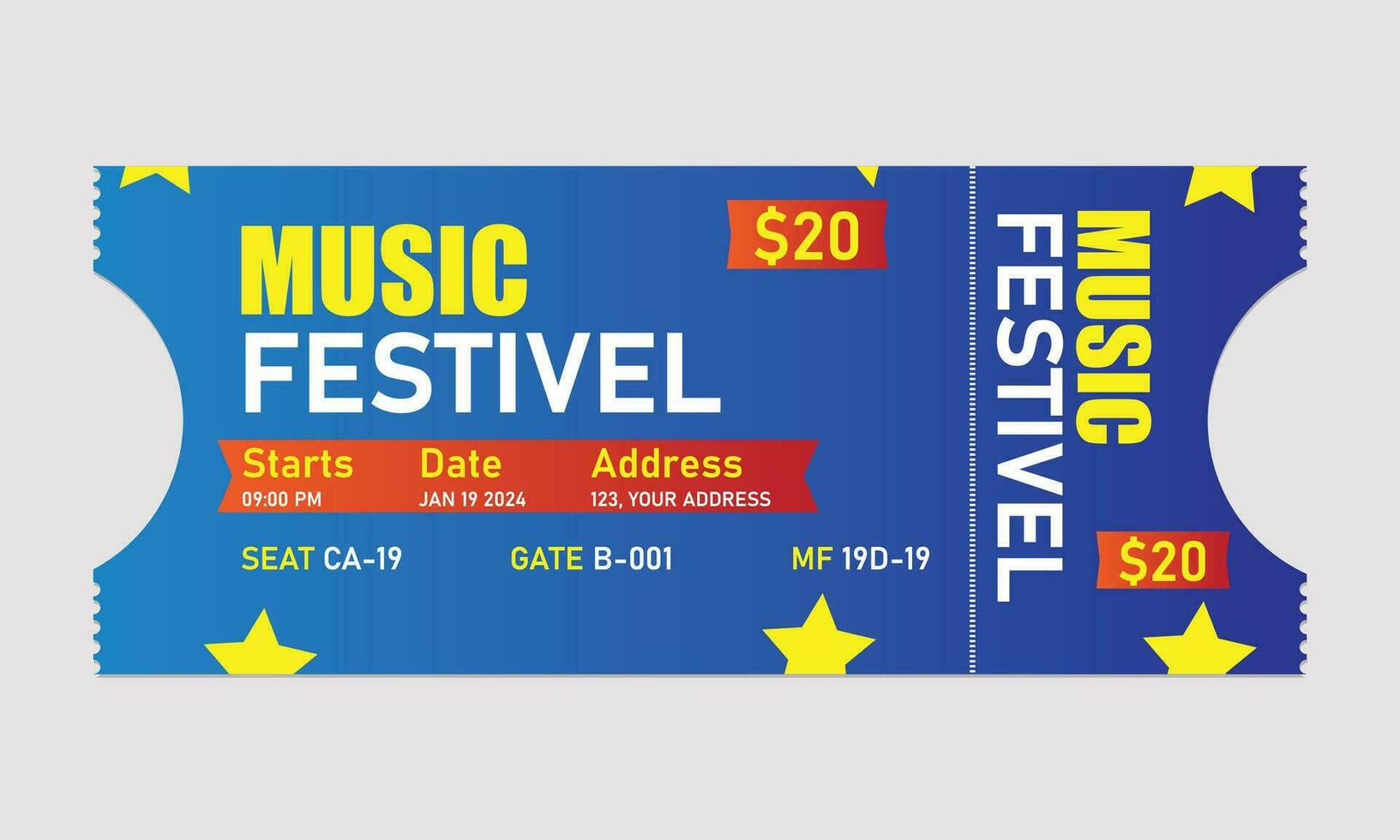 Music Festival Event concert entertainment entrance Ticket Design vector