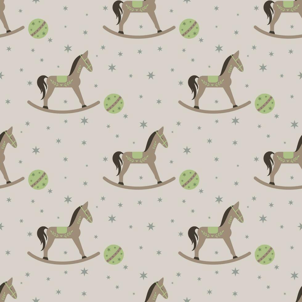 Vector seamless pattern with retro rocking kids toy brown horse with green ball and stars on a beige background.