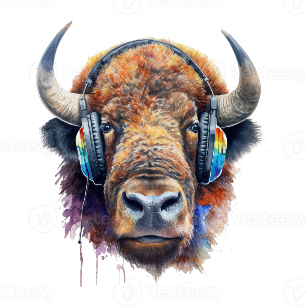 watercolor bison wearing headphones . AI Generated png