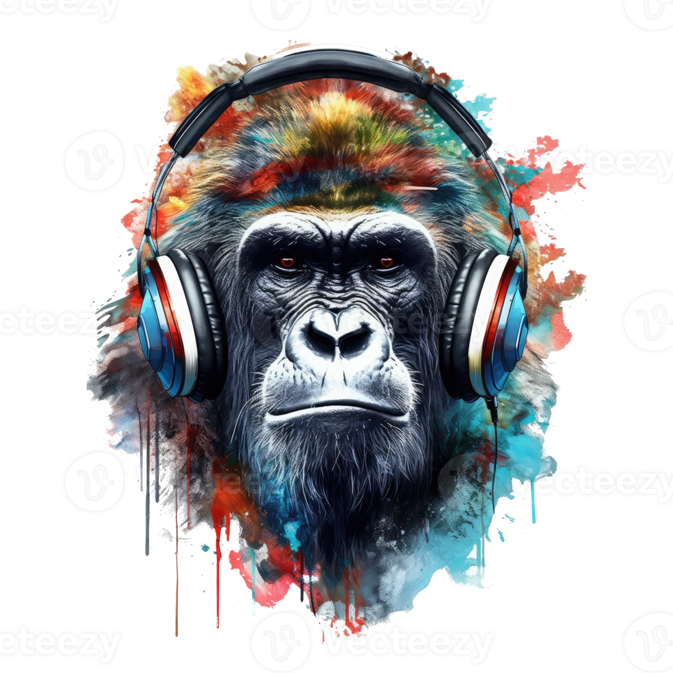 watercolor gorilla wearing headphones . AI Generated png