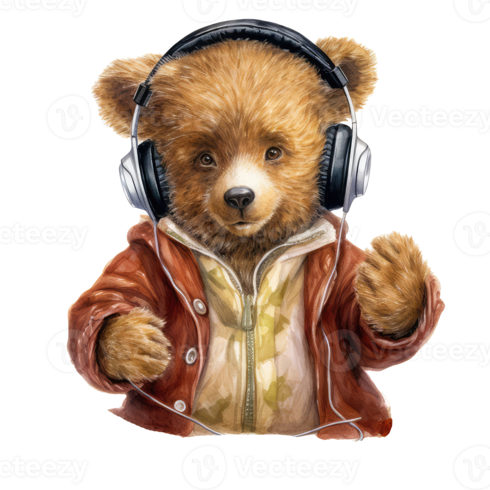 watercolor child bear wearing headphones . AI Generated png