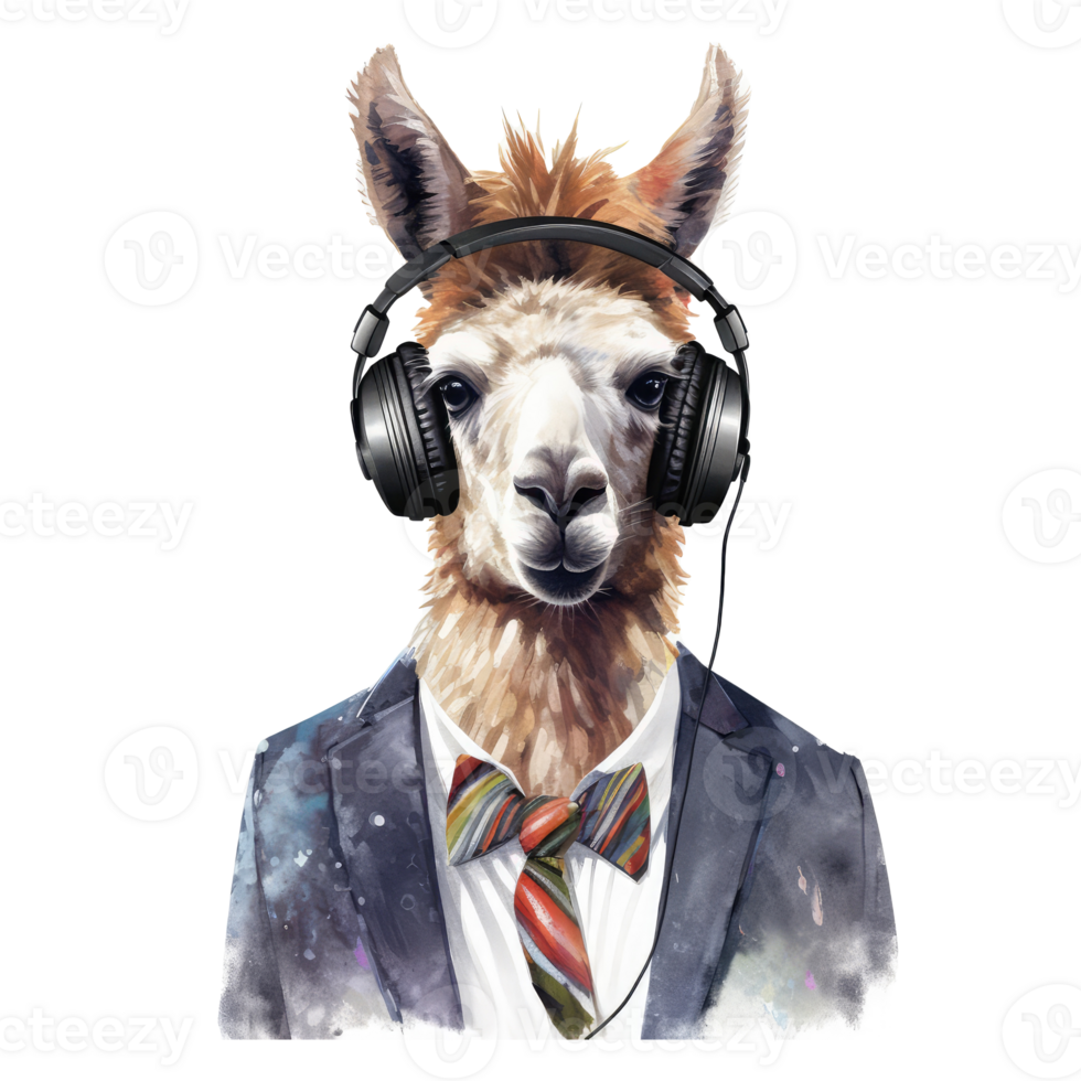 acuarela llama vistiendo auriculares . ai generado png