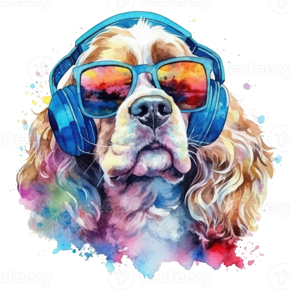 watercolor cocker spaniel dog wearing headphones . AI Generated png