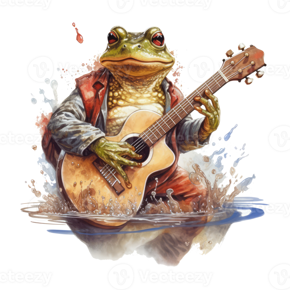 watercolor frog playing guitar . AI Generated png