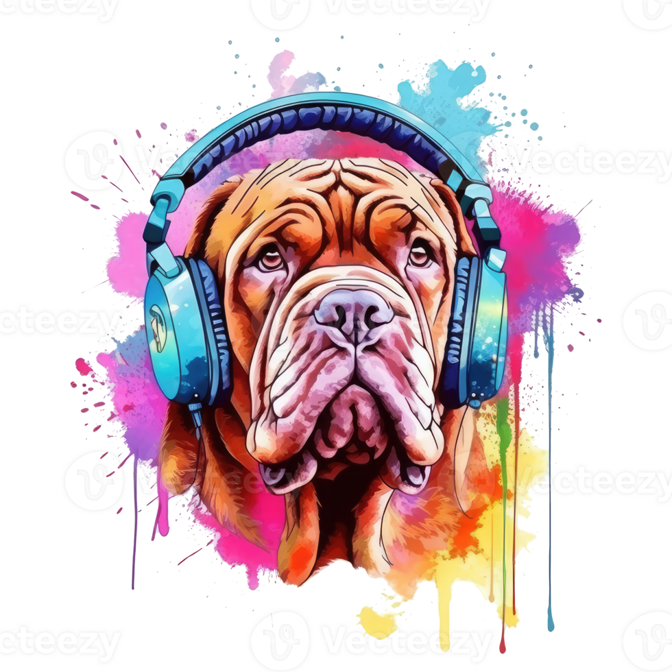 watercolor french mastiff dog wearing headphones . AI Generated png