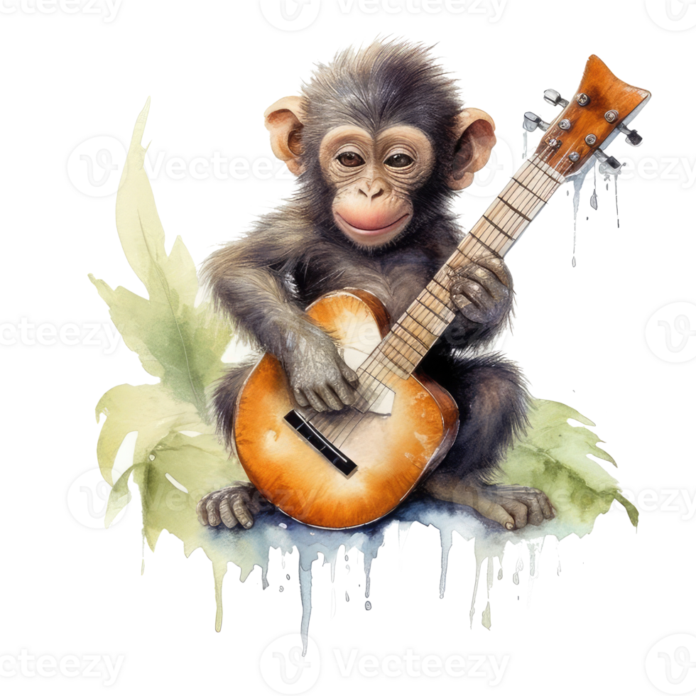 aguarela macaco jogando guitarra . ai gerado png