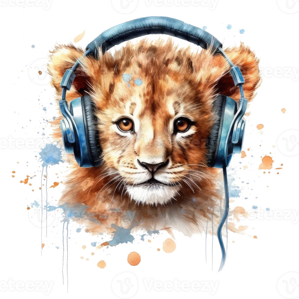 watercolor little lion big eyes wearing headphones . AI Generated png