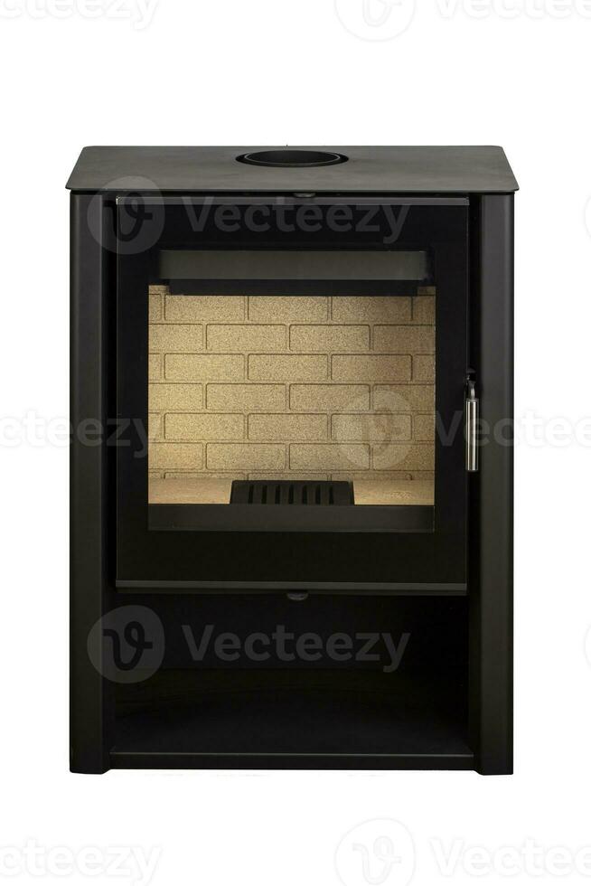 Modern fireplaces for heating from metal and heat-resistant glass. Boiler for solid fuel isolated on white background. photo