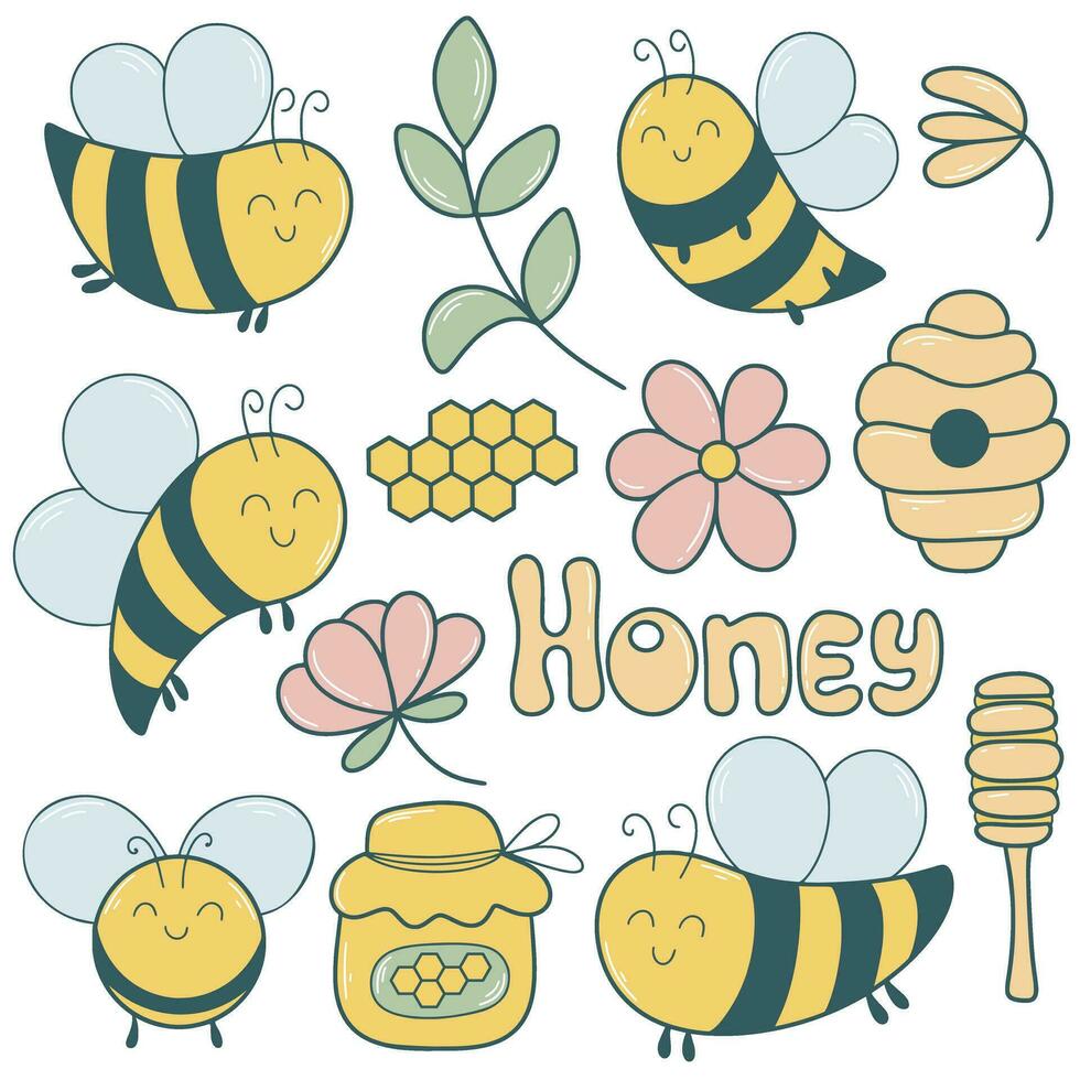 Hand drawn cute bee set vector