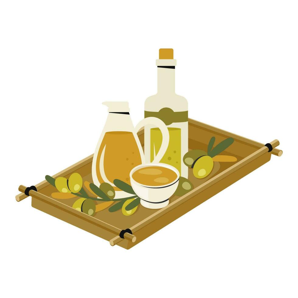 conjunto de vaso lanzador y con sabor de corcho botella de aceituna aceite, bol, rama de aceituna arboles vaso botellas de vegetal petróleo en de madera cocina bandeja. batería de cocina, Cocinando concepto. sano alimento. vector