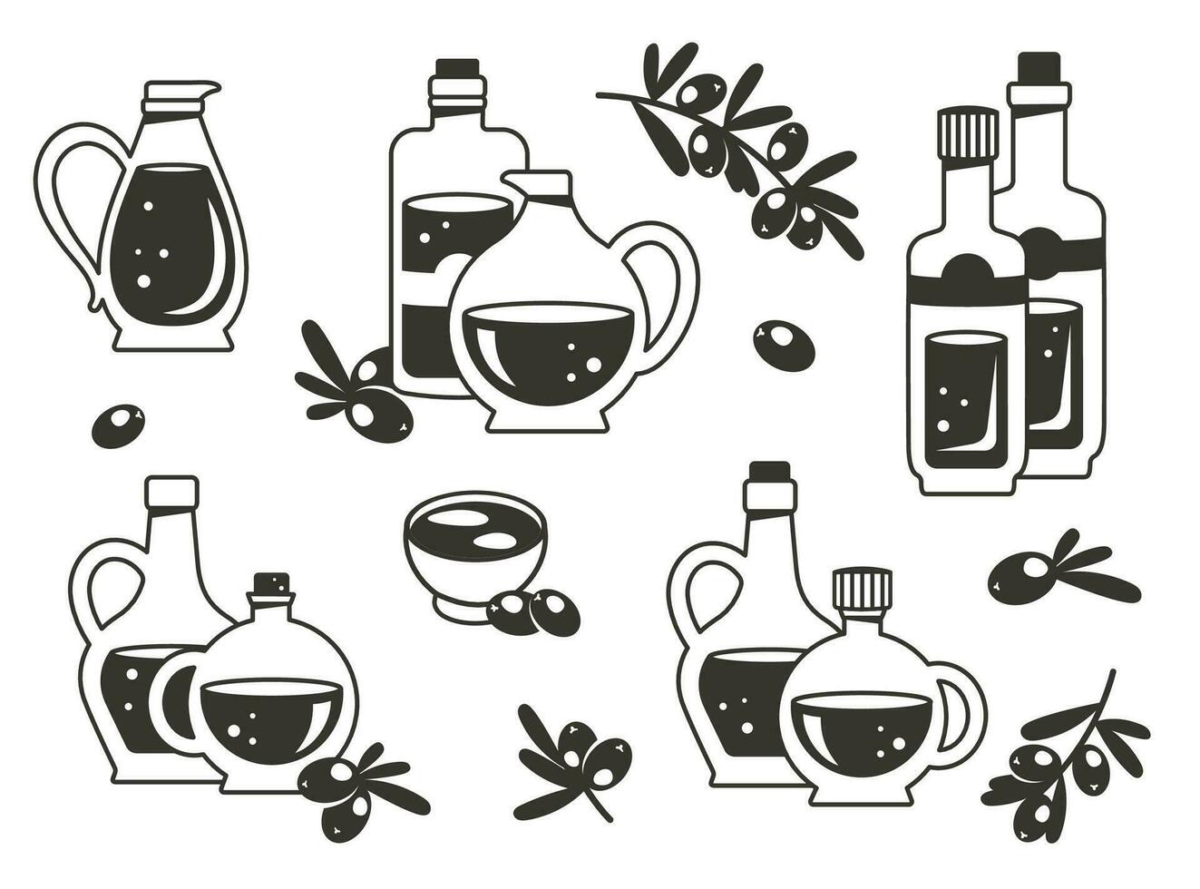 Set of olive oil bottles line icon. Silhouettes of glass bottles with vegetable oil, branch of olive trees. Linear elements with editable strokes for cooking, food. Kitchenware outline signs. Vector