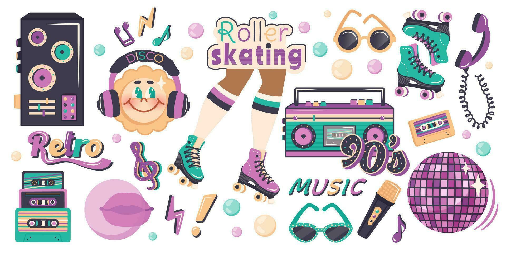 Set of trendy elements in retro style of 90s, 80s, 70s. Hand drawn music template, cartoon character comic sun, roller skating. Vector illustration for nostalgia musical party, advertising poster